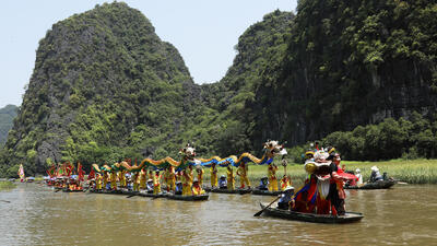 Đoàn thuyền rồng sẽ đưa du khách từ bến thuyền Tam Cốc vào thăm cánh đồng lúa chín vàng trải dài dọc theo hai bên bờ sông Ngô Đồng. Đây chính là "sắc vàng Tam Cốc" nổi tiếng được nhiều du khách trong và ngoài nước biết đến.